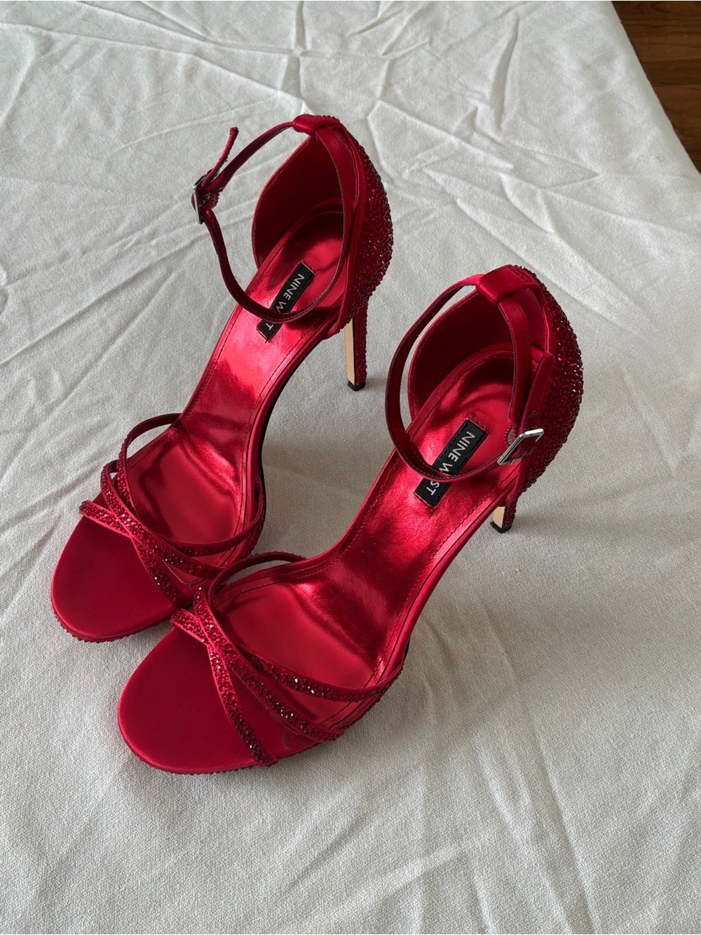 ***** Nine West Red Crystal-Strap Ankle-Strap Stiletto Sandal Christmas sb *****